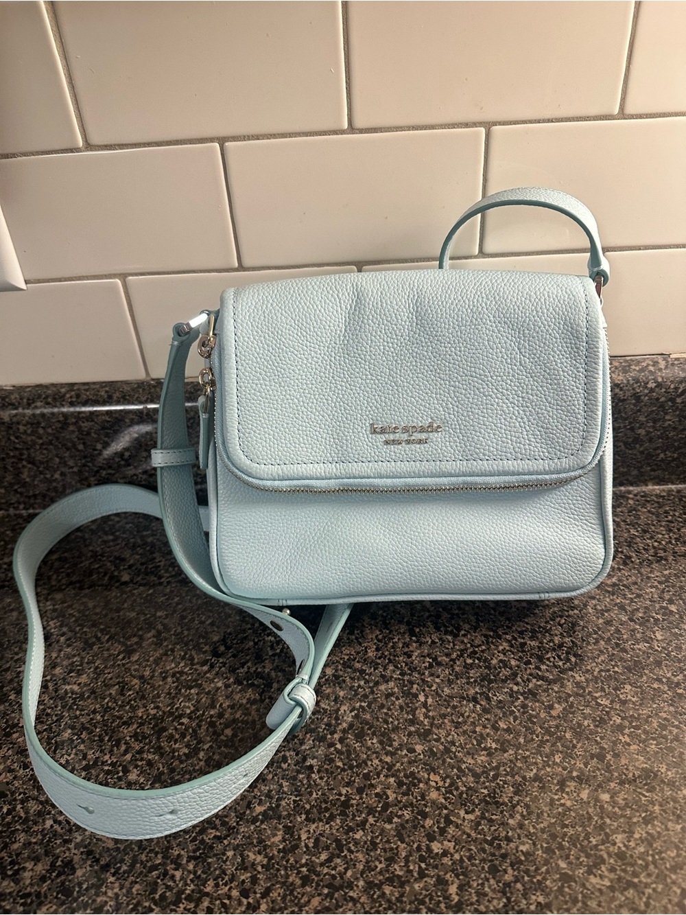 kate spade pale blue pebbled leather crossbody bag